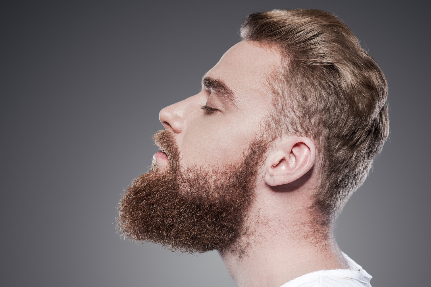 Mann im Profil hat die Augen zu und zeigt seinen Bart Hypogen Care