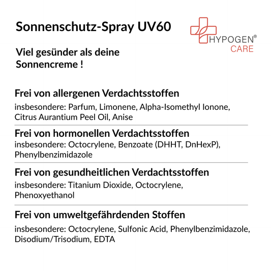 Frei von: HYPOGEN CARE Sonnenschutz-Spray UV60 auf einen Blick