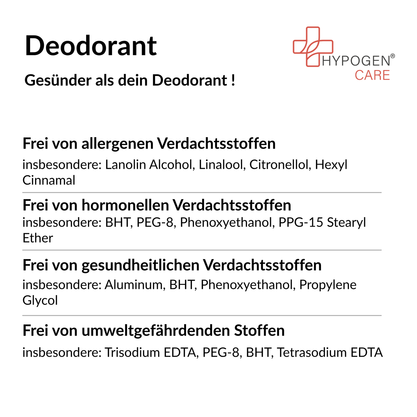 Frei von: HYPOGEN CARE Deodorant auf einen Blick