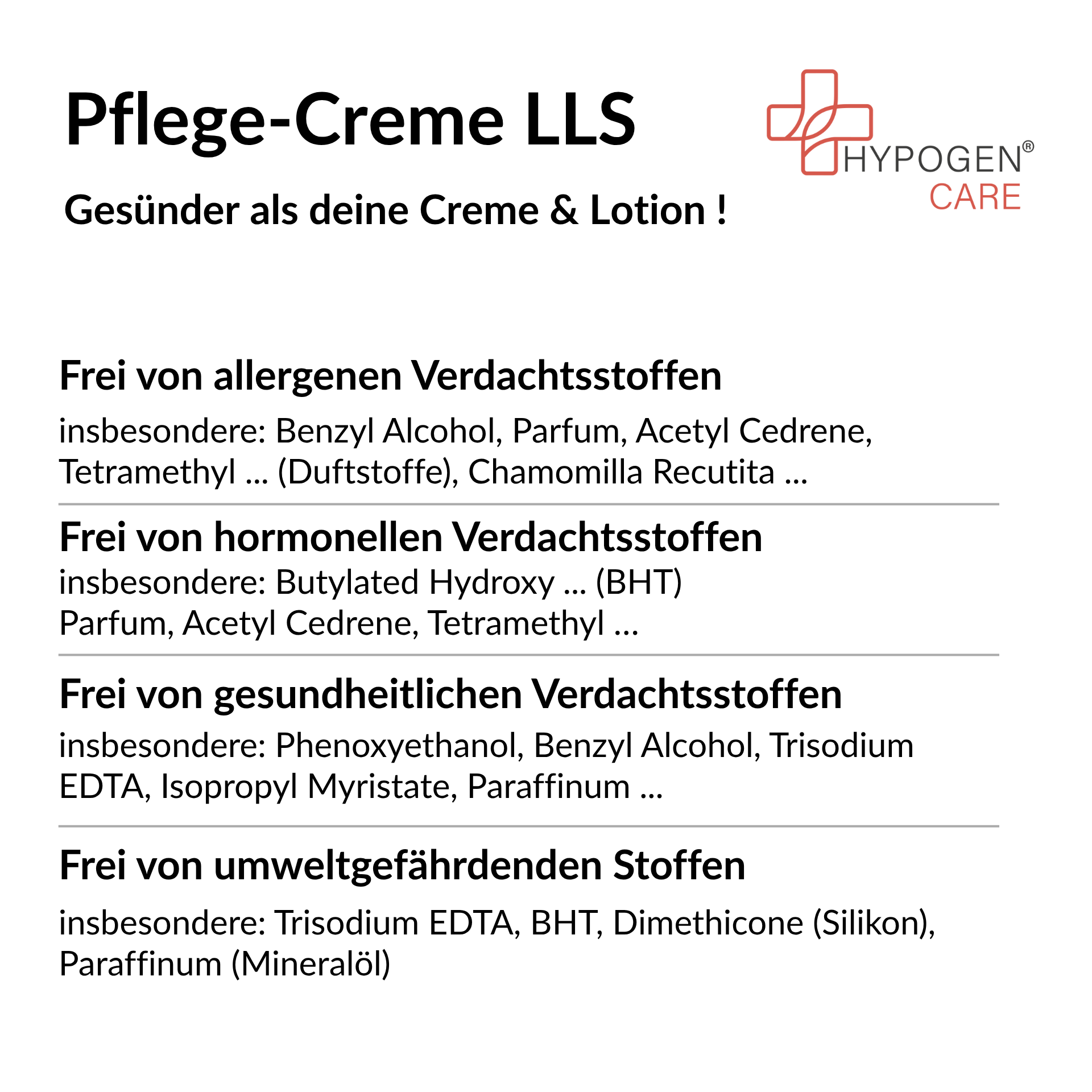Frei von: HYPOGEN CARE Pflege-Creme LLS auf einen Blick