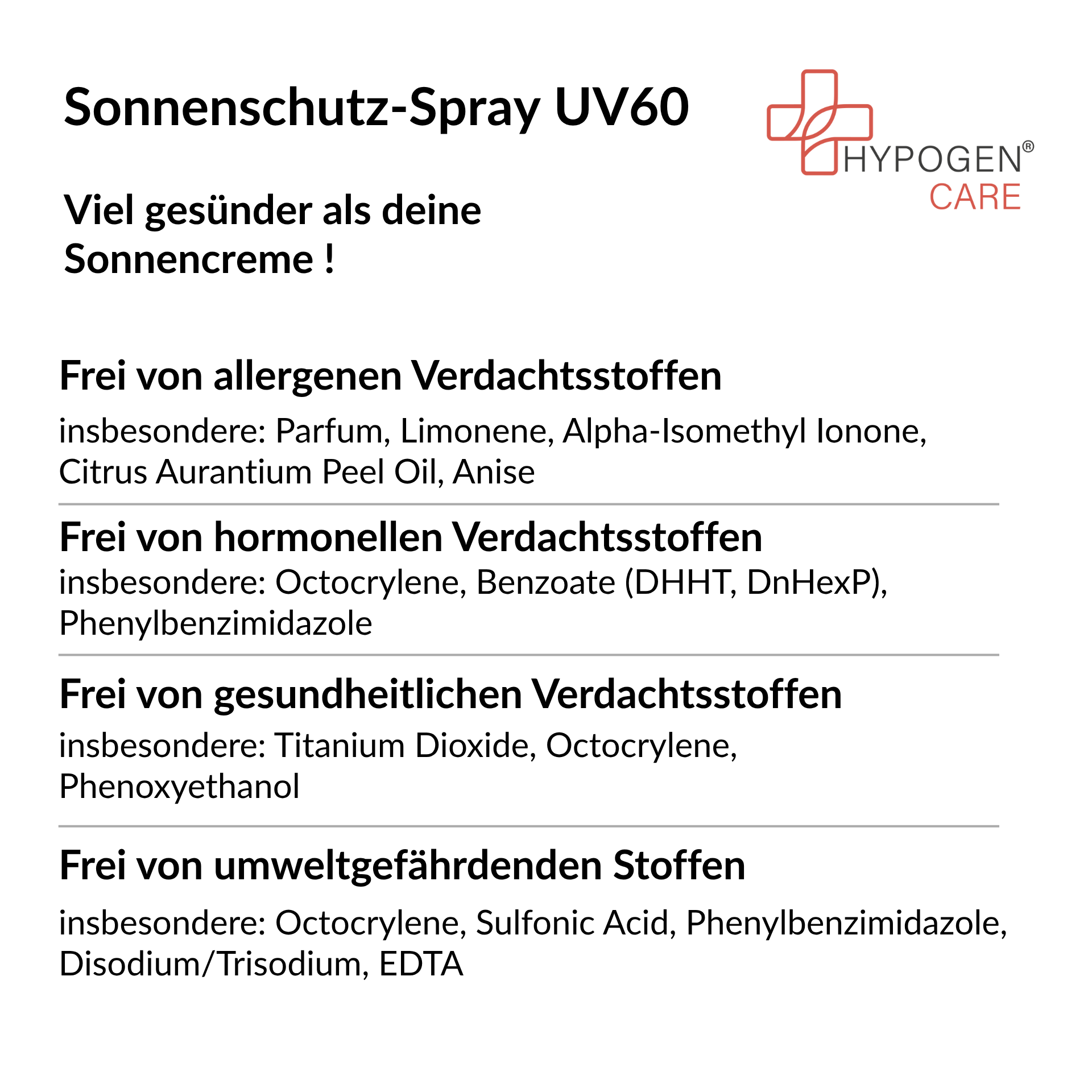 Frei von: HYPOGEN CARE Sonnenschutz-Spray UV60 auf einen Blick
