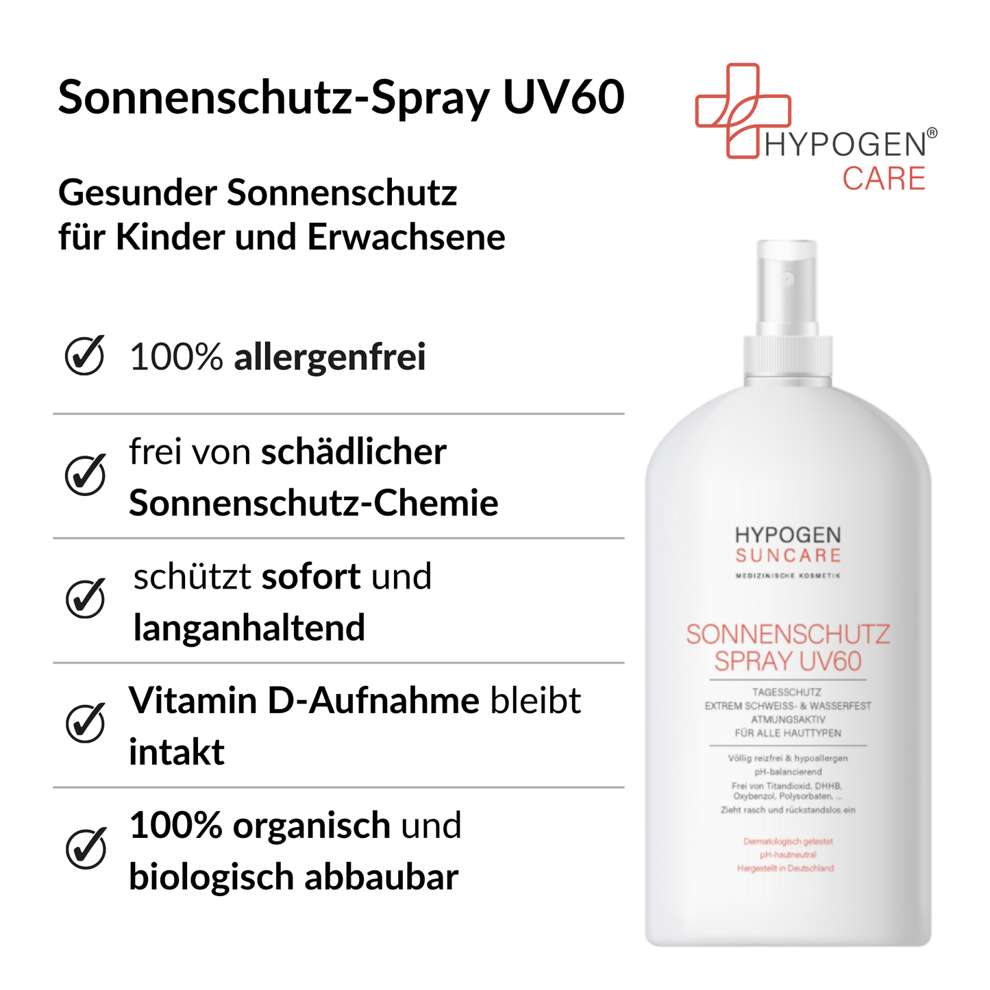 Vorteile HYPOGEN CARE Sonnenschutz-Spray UV60 auf einen Blick
